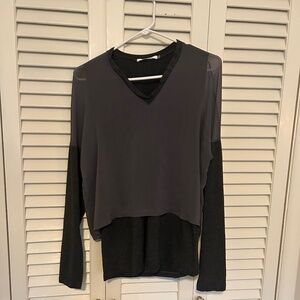 Elaine Kim grey long sleeve top with silk overlay